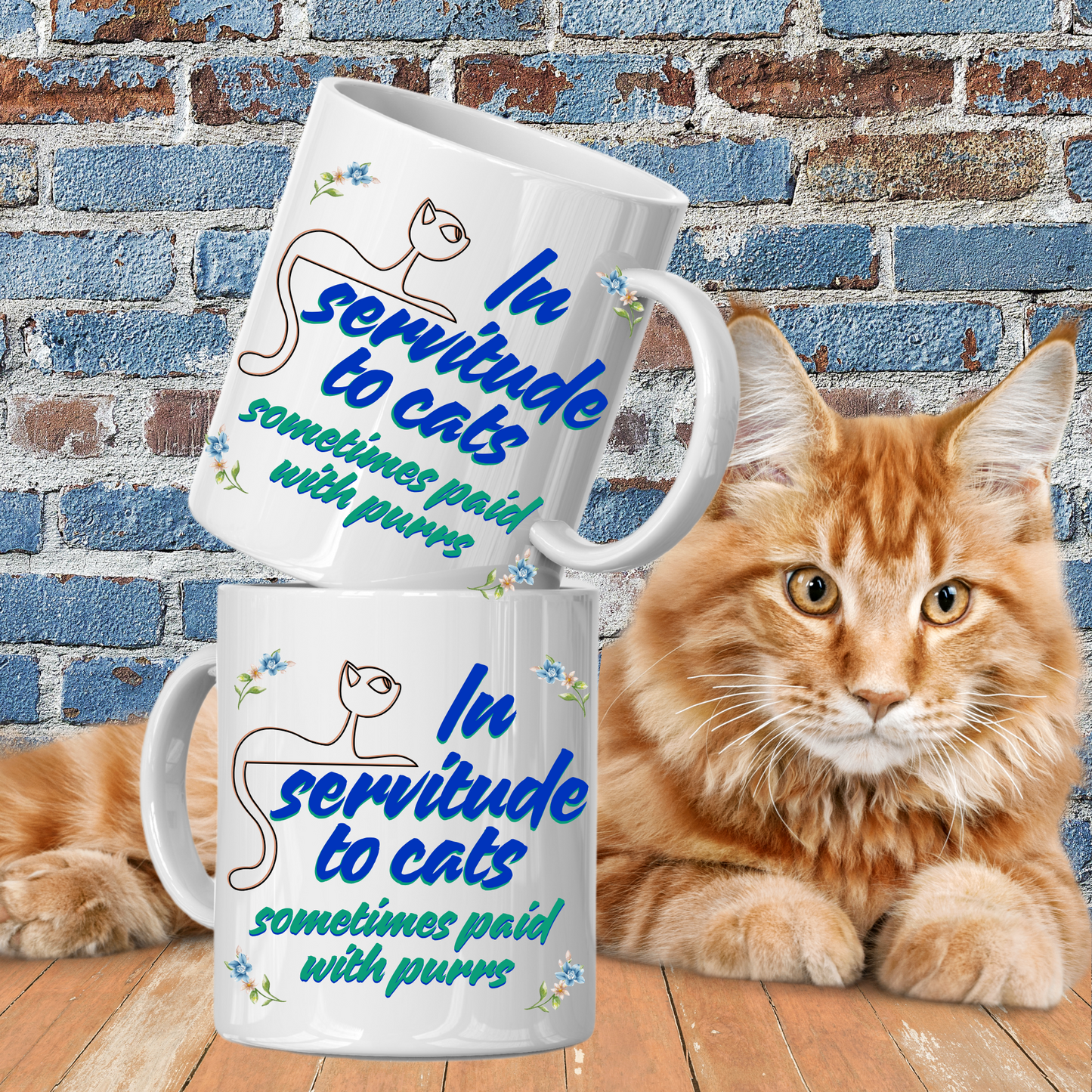 Cat-Centric "In Servitude To Cats" Coffee Mug With Bold Blue And Green Text And Cute Cat Graphic, Cat Lover Gift Stocking Stuffer,, White Ceramic, 15oz