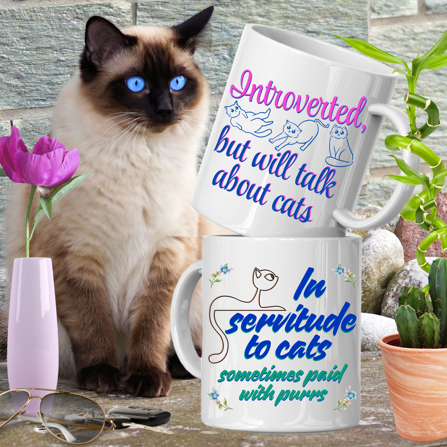 Cat-Centric "In Servitude To Cats" Coffee Mug With Bold Blue And Green Text And Cute Cat Graphic, Cat Lover Gift Stocking Stuffer,, White Ceramic, 15oz