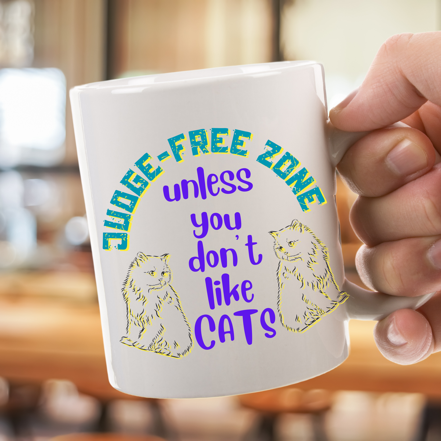 Cat Lover "Judge-Free Zone" Mug For Moms Who TRY Not To Judge Folks Who Aren't Feline Fanatics, Holiday Birthday CatLady Gift, White Ceramic, 15oz