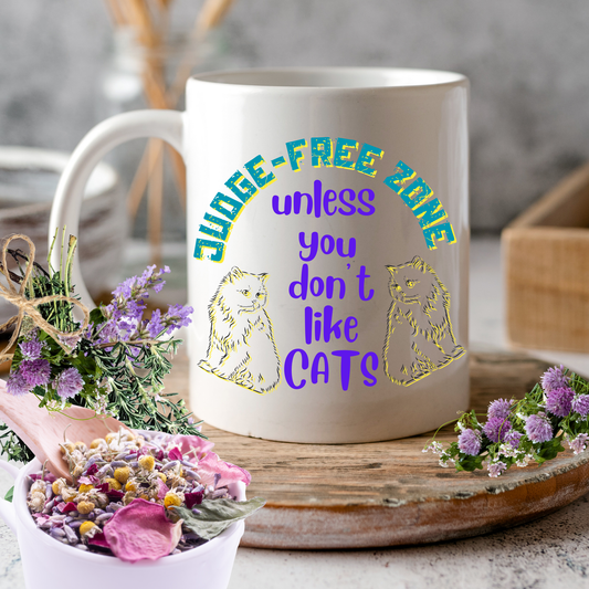 Cat Lover "Judge-Free Zone" Mug For Moms Who TRY Not To Judge Folks Who Aren't Feline Fanatics, Holiday Birthday CatLady Gift, White Ceramic, 15oz