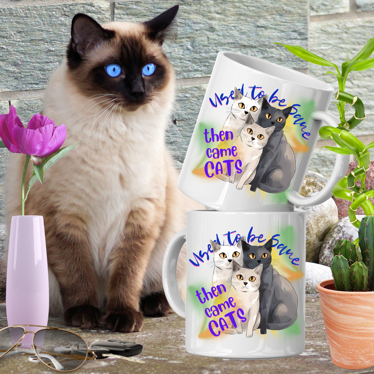 Cat Mom Mug with Fun "Used To Be Sane, Then Cats Came" Slogan, Cat Lover Cat Lady Gift, White Ceramic, 15oz