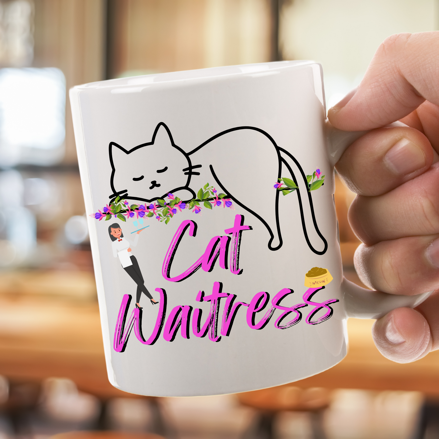 Feminine And Fun "Cat Waitress" CatMom Mug With Floral Design And Hot Pink Text, Great Christmas Or Birthday Cat Lover Gift, White Ceramic, 15oz