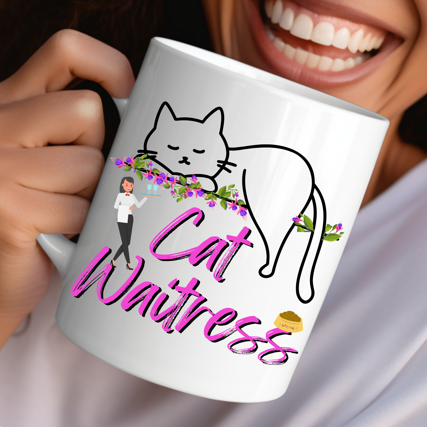 Feminine And Fun "Cat Waitress" CatMom Mug With Floral Design And Hot Pink Text, Great Christmas Or Birthday Cat Lover Gift, White Ceramic, 15oz