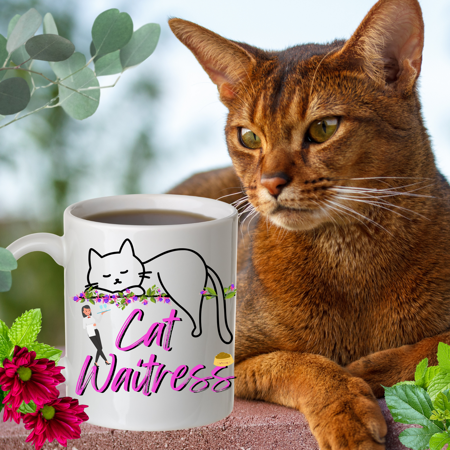 Feminine And Fun "Cat Waitress" CatMom Mug With Floral Design And Hot Pink Text, Great Christmas Or Birthday Cat Lover Gift, White Ceramic, 15oz