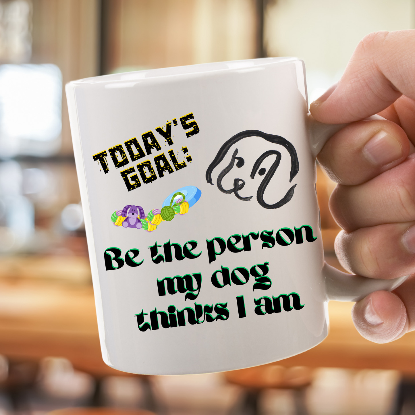 Playful DogMom Mug Sets A Daily Goal With Its "Be The Person My Dog Thinks I Am" Slogan, Holiday Birthday Dog Lover Gift, White Ceramic, 15oz