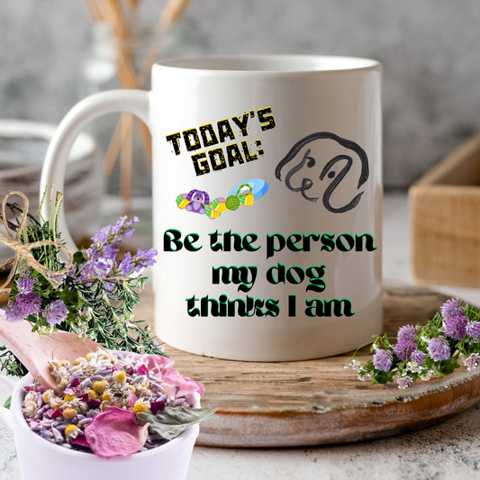 Playful DogMom Mug Sets A Daily Goal With Its "Be The Person My Dog Thinks I Am" Slogan, Holiday Birthday Dog Lover Gift, White Ceramic, 15oz