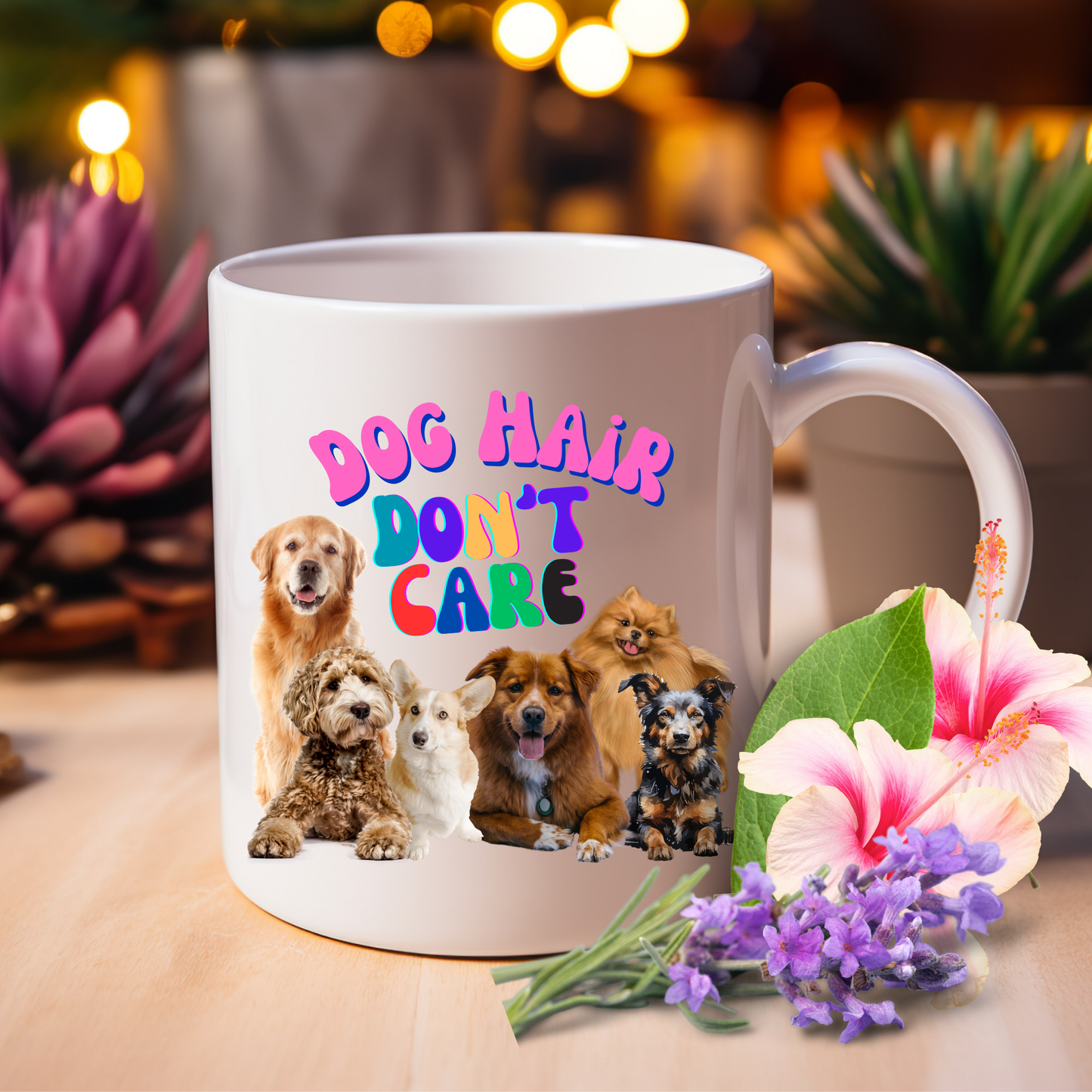 Cheerful "Dog Hair Don't Care" Dog Mom Mug With Puffy Retro Type And Cute Pack Of Pups, Dog Lover Stocking Stuffer Gift, White Ceramic, 15oz