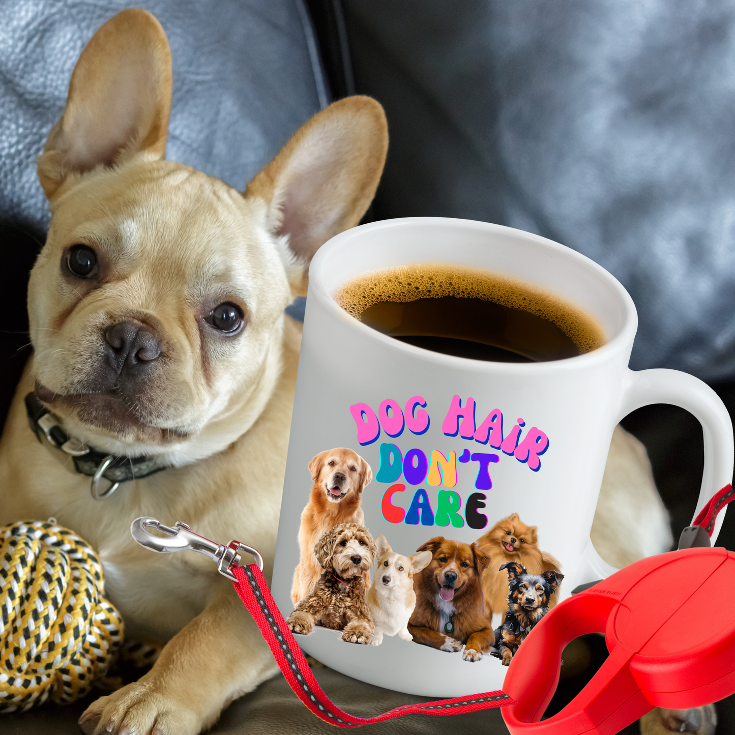 Cheerful "Dog Hair Don't Care" Dog Mom Mug With Puffy Retro Type And Cute Pack Of Pups, Dog Lover Stocking Stuffer Gift, White Ceramic, 15oz