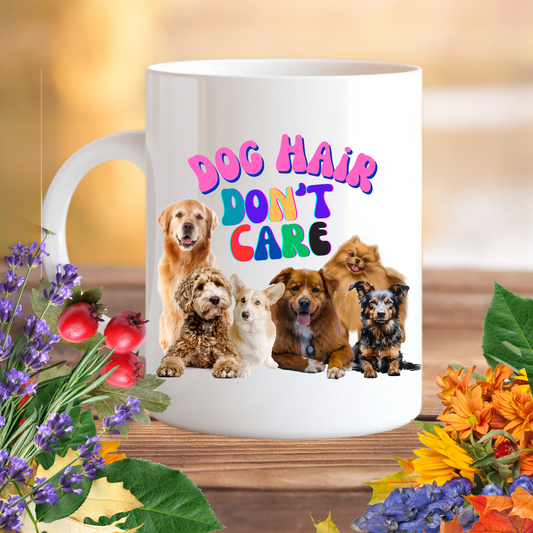 Cheerful "Dog Hair Don't Care" Dog Mom Mug With Puffy Retro Type And Cute Pack Of Pups, Dog Lover Stocking Stuffer Gift, White Ceramic, 15oz
