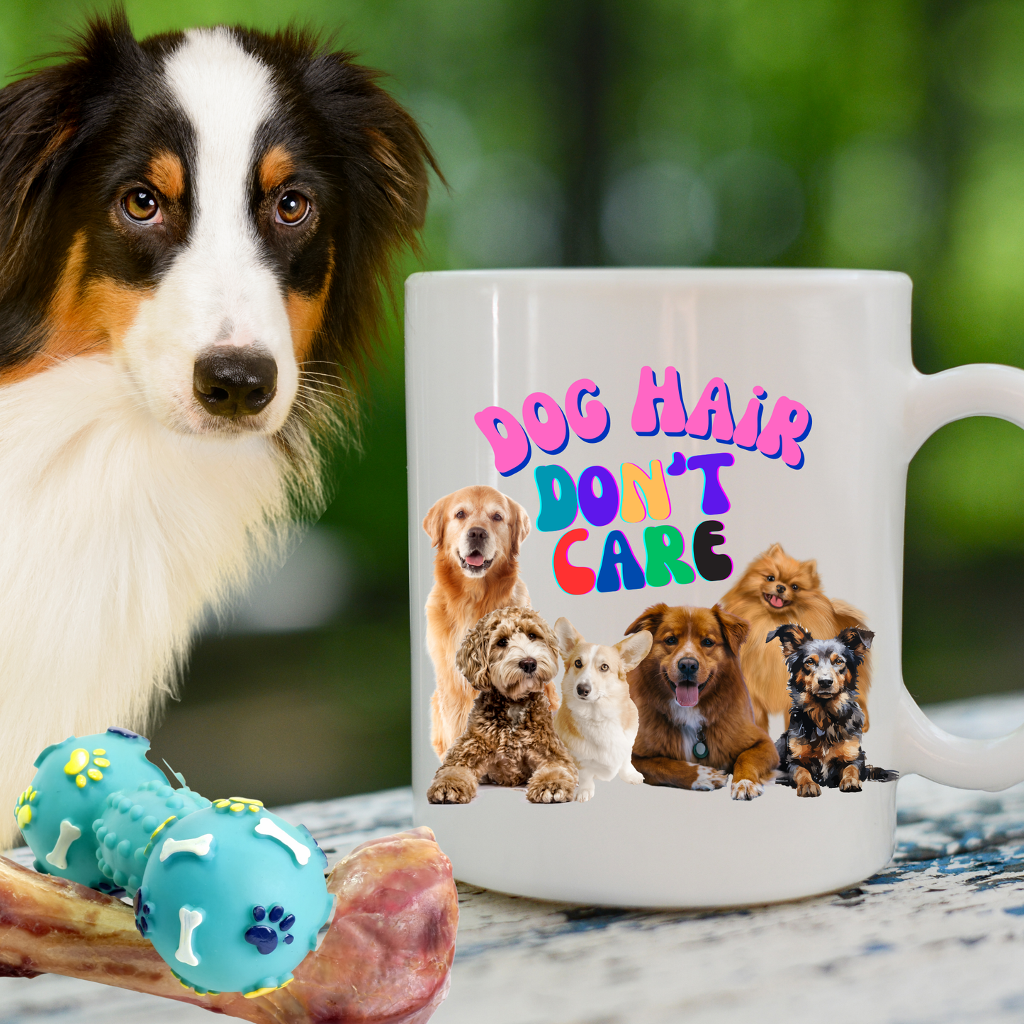 Cheerful "Dog Hair Don't Care" Dog Mom Mug With Puffy Retro Type And Cute Pack Of Pups, Dog Lover Stocking Stuffer Gift, White Ceramic, 15oz