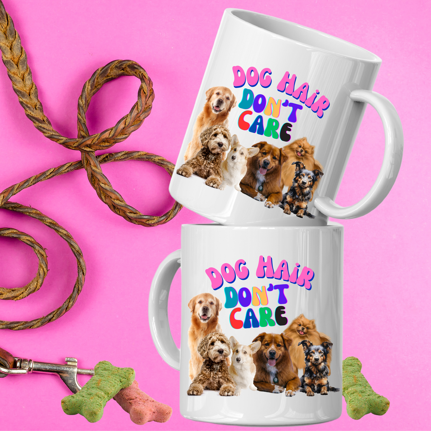 Cheerful "Dog Hair Don't Care" Dog Mom Mug With Puffy Retro Type And Cute Pack Of Pups, Dog Lover Stocking Stuffer Gift, White Ceramic, 15oz