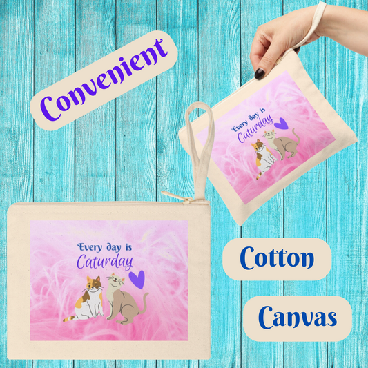 Canvas On-the-Go Wrist Purse for Cat Ladies - "Caturday" Design (Pink)