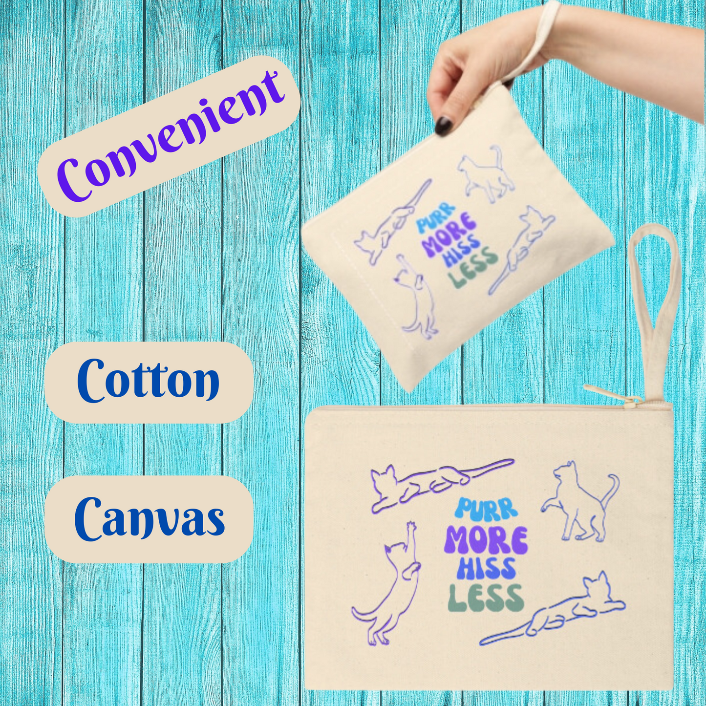 Canvas Cat Lady Tote - "Purr More-Hiss Less" Slogan